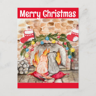 Carte Postale Manoir de Noël confortable avec chien et chat