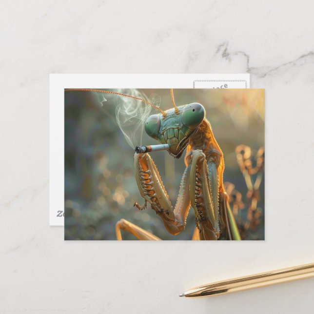 Carte Postale Mante surréaliste fumeur (Devant/Arrière en situation)