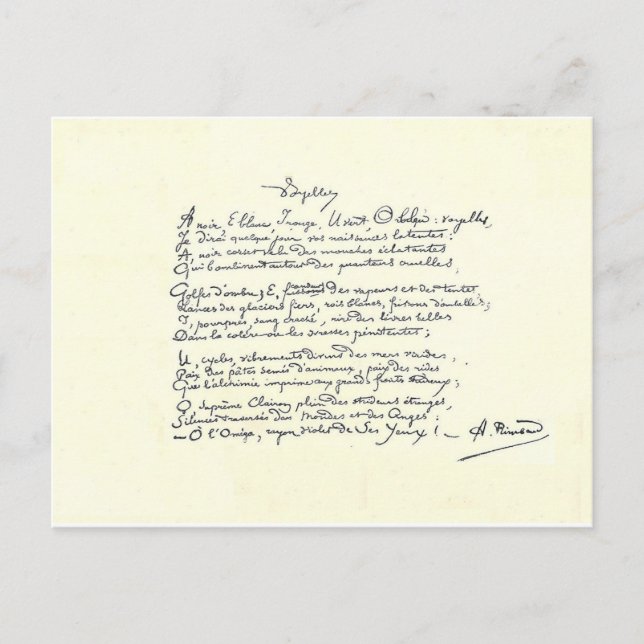 Carte Postale manuscrit autographe de Voyelles (Rimbaud) (Devant)