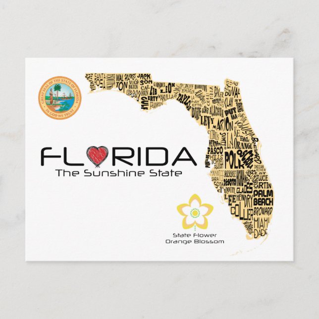 Carte Postale Map of Florida with all counties spelled out (Devant)