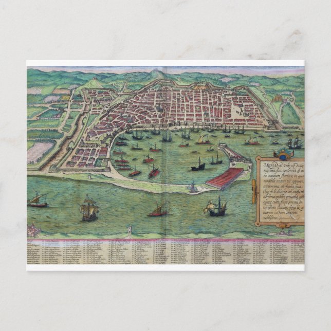 Carte Postale Map of Messina, from 'Civitates Orbis Terrarum' by (Devant)