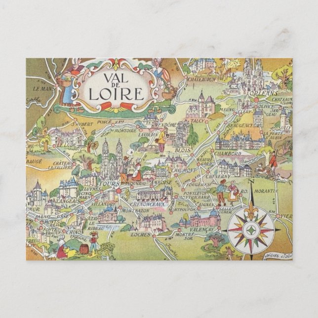 Carte Postale Map of the Loire Valley of France Postcard (Devant)