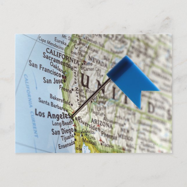 Carte Postale Map pin placed on Los Angeles, California on (Devant)