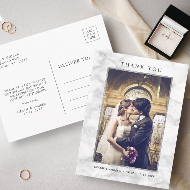 Carte Postale Marbre blanc moderne Merci Parties scintillant arg (Front & Back)