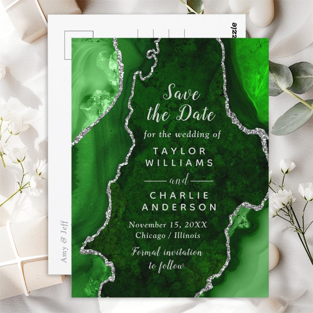 Carte Postale Marbre d'Agate Vert et Argent Enregistrer la date (Créateur téléchargé)