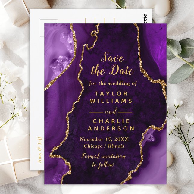 Carte Postale Marbre d'agate violet et or Enregistrer la date (Créateur téléchargé)