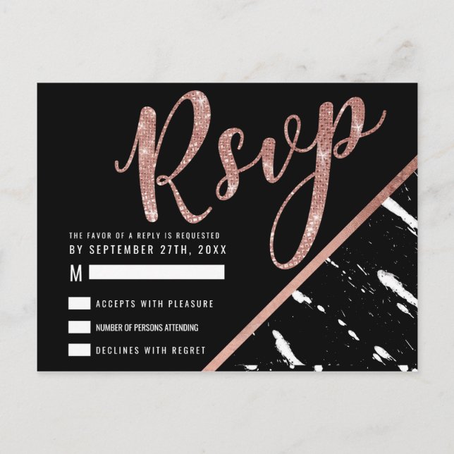 Carte Postale Marbre noir moderne Rose or chic RSVP (Devant)