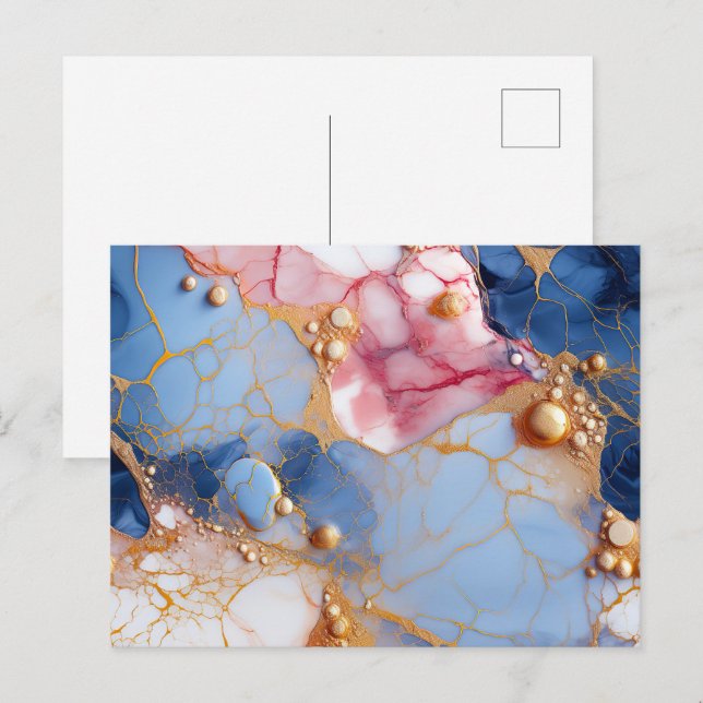 Carte Postale Marbre Rose et Saphir avec Perles Dorées (Devant / Derrière)