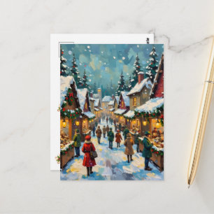 Carte Postale Marché de Noël Villageois Vintage Hiver Festif