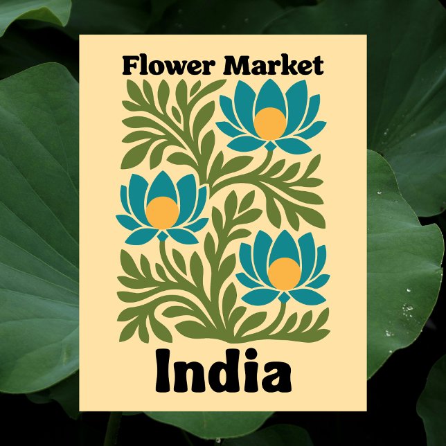 Carte Postale Marché des Fleurs d'Inde Lotus Sarcelle & Feuille  (India Flower Market Teal Lotus & Botanical Leaf Postcard)