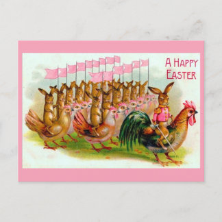 Carte Postale marche lapin et poulets de Pâques