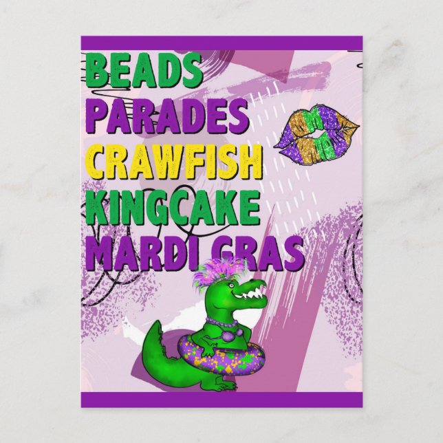 Carte Postale Mardi Gras Alligator Purple Green Gold (Devant)