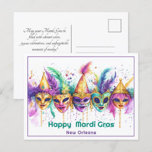 Carte Postale 💚 💜 💛 mardi Gras aquarelle Cajun Carnival Chaos