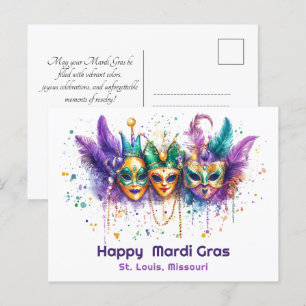 Carte Postale 💚 💜 💛 mardi Gras aquarelle Harlequin Havoc