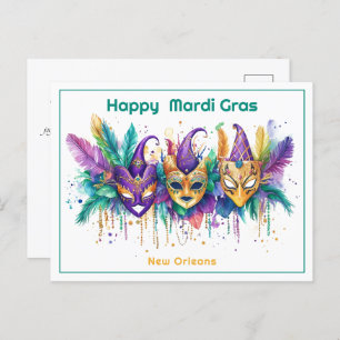 Carte Postale 💚 💜 💛 Mardi Gras aquarelle Masqué Missile Maker
