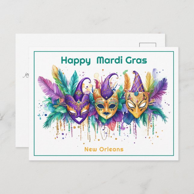 Carte Postale 💚 💜 💛 Mardi Gras aquarelle Masqué Missile Maker (Devant / Derrière)
