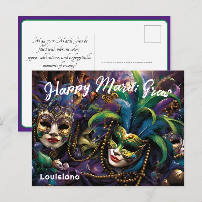 Carte Postale 💚 💜 💛 Mardi Gras avec de beaux masques (Devant / Derrière)
