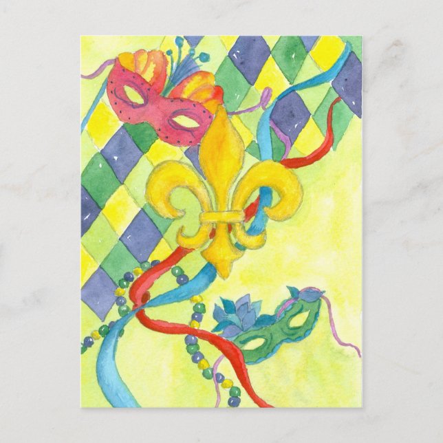 Carte Postale Mardi Gras Fleur De Lis Aquarelle Art Jaune (Devant)