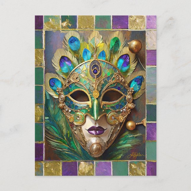 Carte Postale Mardi Gras Gold Ceramic Peacock Feature Masque (Devant)