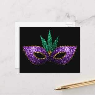 Carte Postale Mardi Gras Masque violet vert or étincelles noir