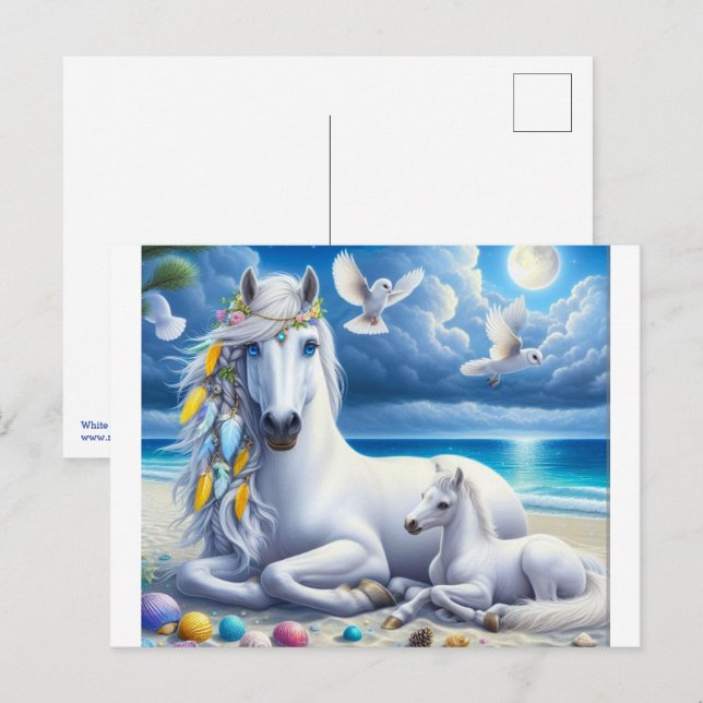 Carte Postale Mare et poulain blanc sous la Lune (Devant / Derrière)