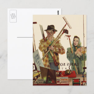 Carte Postale Mari et femme vintage avec outils de jardinage