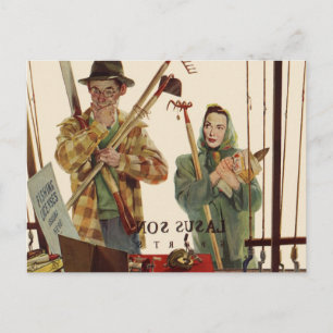 Carte Postale Mari vintage et femme avec outils de jardinage