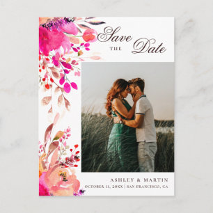 Carte Postale Mariage à fleurs rose aquarelle Enregistrer la dat