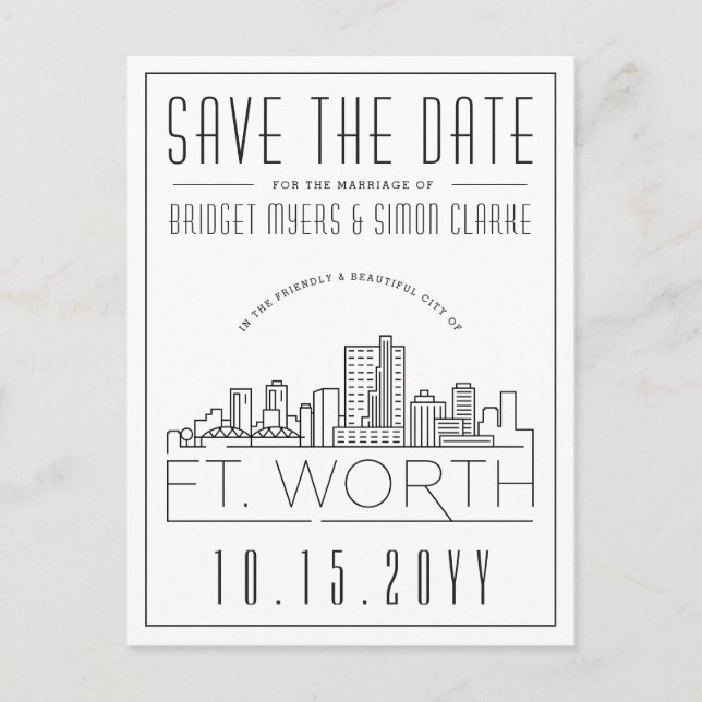 Carte Postale Mariage à Fort Worth | Ciel stylisé, Enregistrez l (Devant)