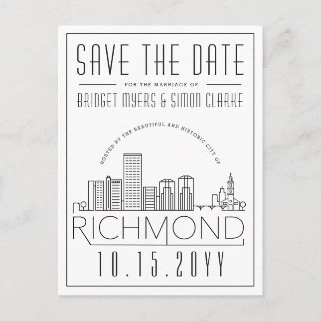 Carte Postale Mariage à Richmond | Skyline stylisé, Enregistrez  (Devant)