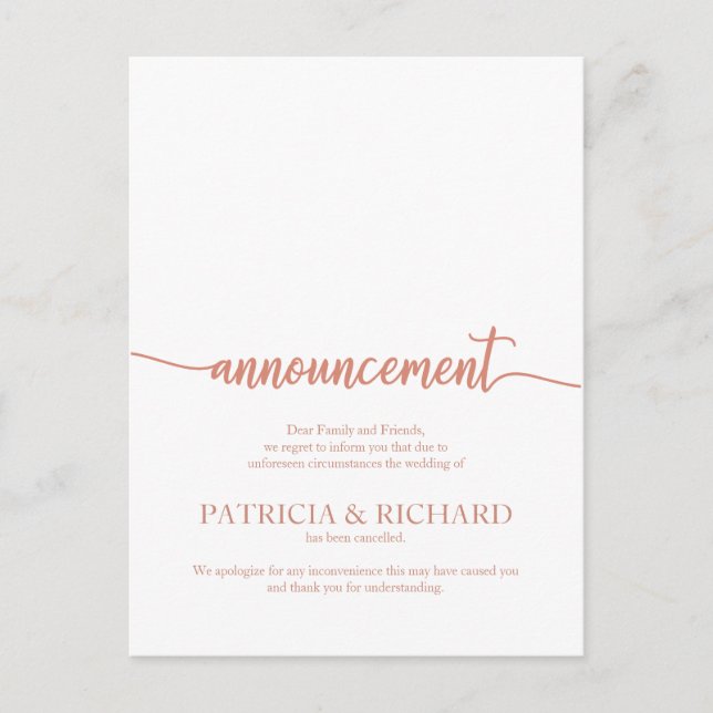 Carte Postale Mariage Annulé Élégant Rose Gold (Devant)