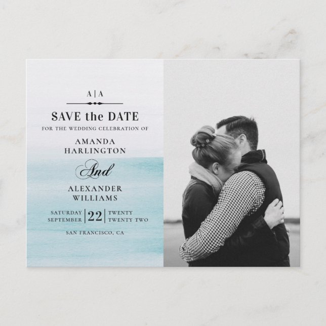Carte Postale Mariage aquarelle bleu. Naissance Save the Date (Devant)