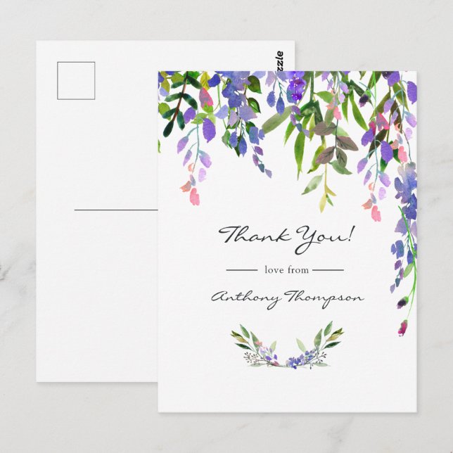 Carte Postale Mariage aquarelle floral ultra violet (Devant / Derrière)
