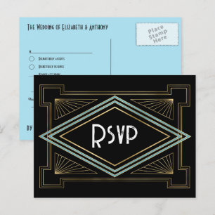 Carte Postale Mariage Art déco bleu et or inspiré de Gatsby
