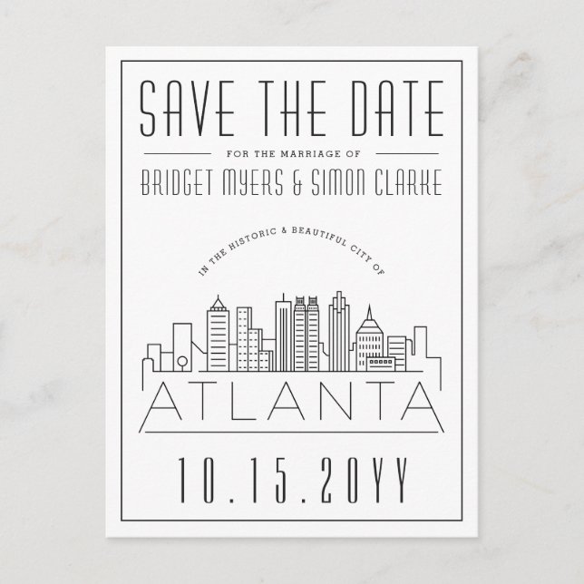 Carte Postale Mariage Atlanta | Skyline stylisée Enregistrer la  (Devant)