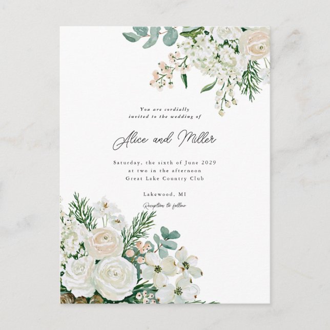 Carte Postale Mariage aux Roses Blanches d'Hiver, Cornouiller et (Devant)