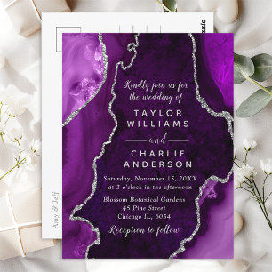 Carte Postale Mariage avec Marbre d'Agate Violet et Argent