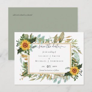 Carte Postale Mariage bohème avec tournesols et verdure sage