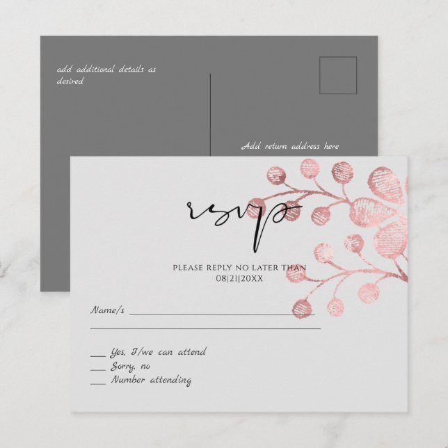 Carte Postale Mariage botanique en gris or rose RSVP (Devant / Derrière)