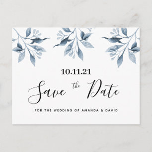 Carte Postale Mariage botanique floral bleu blanc Enregistrer la