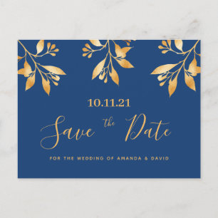 Carte Postale Mariage botanique floral or bleu Enregistrer la da
