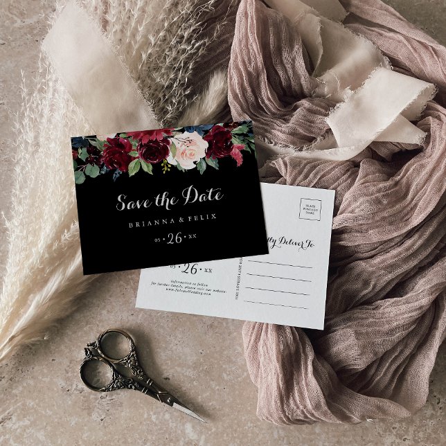 Carte Postale Mariage botanique noir rustique Enregistrer la dat (Créateur téléchargé)