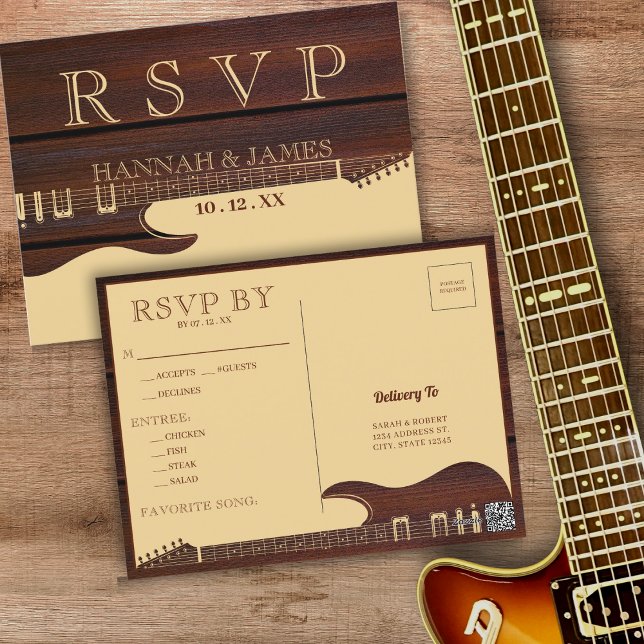 Carte Postale Mariage Brown et rouge de guitare en bois RSVP (Brown & Red Wood Guitar Wedding RSVP Postcard)