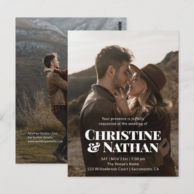 Carte Postale Mariage Budgeté Bold Stylé 2 Code QR Photo (Devant / Derrière)