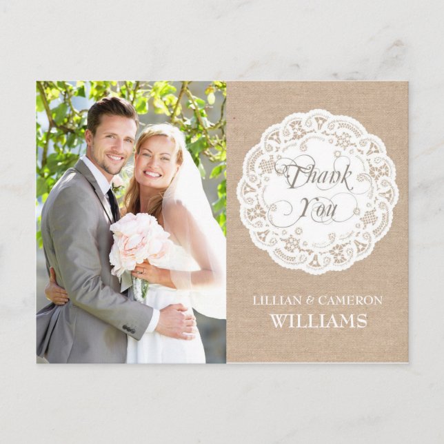Carte postale Mariage Burlap Lace Doily Merci (Devant)