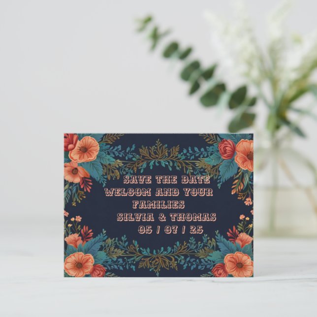 Carte postale Mariage Cadre Floral Orange Fleurs (Debout devant)
