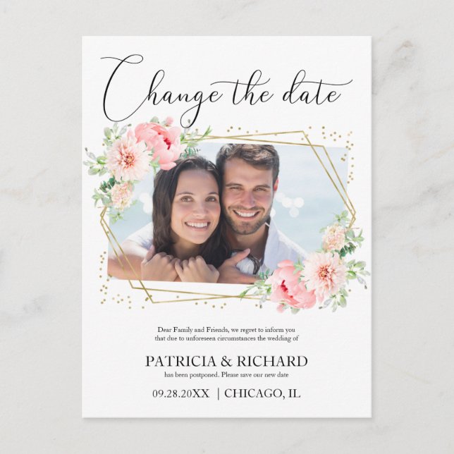 Carte Postale Mariage Changer La Date Blush Floral Photo (Devant)