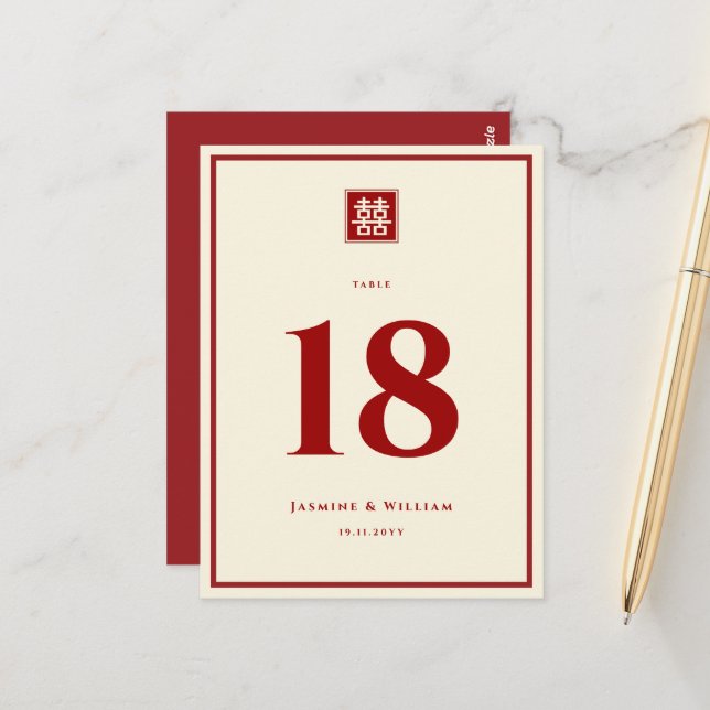 Carte Postale Mariage Chinois Classique Double Bonheur Carré (Devant/Arrière en situation)
