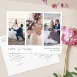 Carte postale Mariage Collage Multiphoto<br><div class="desc">Ce mariage de collage photo simple et chic merci modèle de carte postale présente un design élégant, minimaliste et moderne. Le devant présente vos prénoms et votre date sous vos trois photos préférées et un message "LOVE and THANKS" transmis avec un mélange frappant de deux polices distinctes, avec "and" dans...</div>