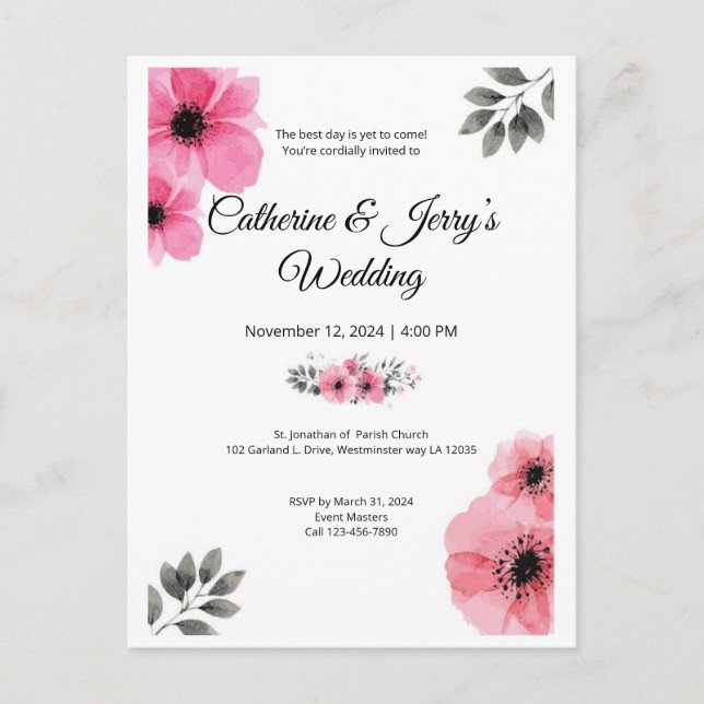 Carte postale mariage couleur rose floral (Devant)
